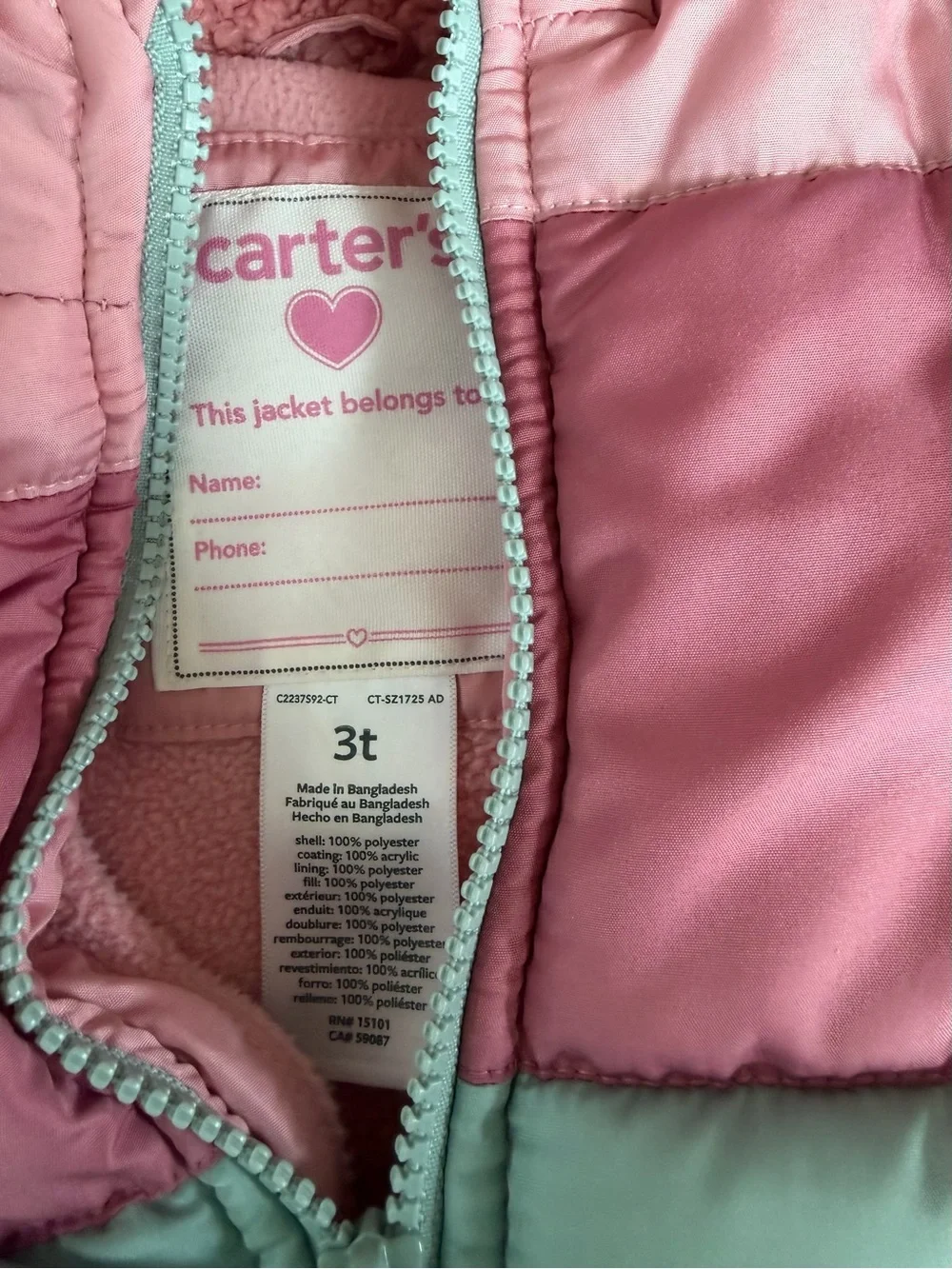 Toddler Two-Tone Pink and Light Green Puffer Jacket with Matching Snow Bibs